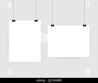 Set of multicolored binder clips on a piece of paper on a transparent background. Clerical clothespin. Stock Vector