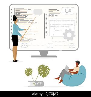 Vector illustration Programming languages learning. Software coding courses, website development class, script writing. IT programmers. Training Dista Stock Vector