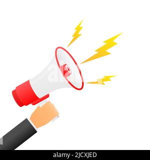 Hand holding megaphone. Motivational poster, banner, template. Flat design Vector Illustration. Colorful attract attention graphic. Stock Vector