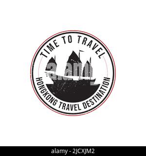Grunge rubber stamp with the text Hongkong travel destination written inside the stamp. Time to travel. Silhouette Hongkong ship vector image. Stock Vector