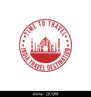 Grunge rubber stamp with the text India travel destination written inside the stamp. Time to travel. Silhouette of Taj mahal vector image Stock Vector