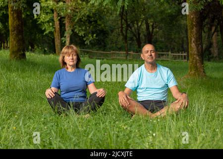 Two elder adults meditating in nature enviroment to breath clean air and have healthy lifestyle in the park Stock Photo