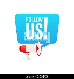 Hand holding megaphone with Follow us. Stock Vector