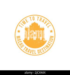 Grunge rubber stamp with the text Macau travel destination written inside the stamp. Time to travel. Silhouette of Macau historical place vector image Stock Vector