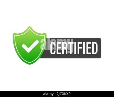 Certified badge, stamp. Red seal of origin and quality. Certify flat button with check mark and shield Stock Vector