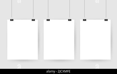 Set of multicolored binder clips on a piece of paper on a transparent background. Clerical clothespin on a transparent background. Stock Vector