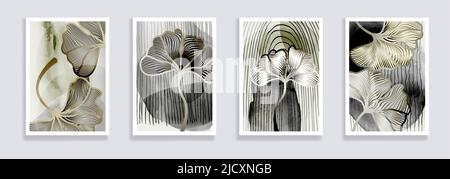 Trendy set of ginkgo biloba leaves and abstract forms. Minimal botanical wall art. Mid century modern graphic. Plant art design for elegant wall art , Stock Vector