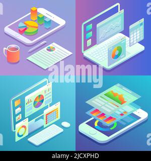 Mobile and web analytics concept vector flat isometric poster set Stock Vector