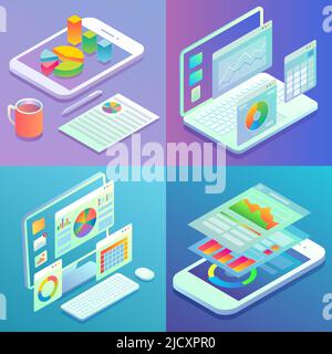 Mobile and web analytics concept vector flat isometric poster set Stock Vector