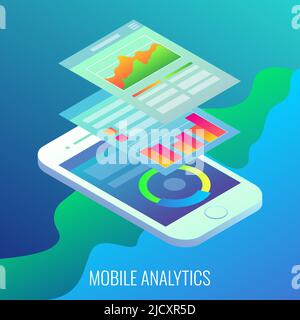 Mobile analytics concept vector flat isometric illustration Stock Vector