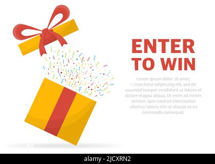 Enter to win prizes. Prize box opening and exploding with fireworks and confetti. Stock Vector