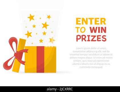 Enter to win prizes. Prize box opening and exploding with fireworks and confetti. Stock Vector