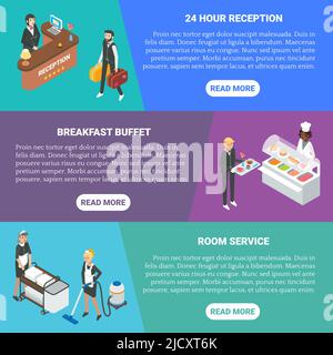 Hotel service concept vector flat isometric horizontal banner set Stock Vector