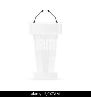 Tribune Isolated Vector. White Clean Podium Tribune Rostrum Stand. With Microphones. Stock Vector