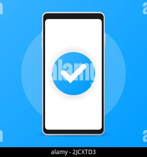 Smartphone and checkmark, flat cartoon mobile phone approved tick notification. Vector illustration Stock Vector