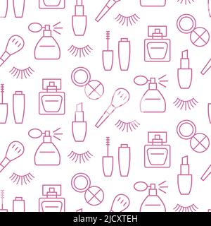 Seamless pattern with cosmetics products, fashion make-up tools icons Stock Vector