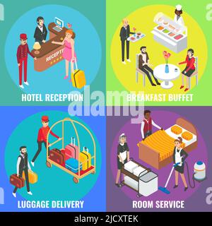 Hotel service concept vector flat isometric poster, banner set Stock Vector