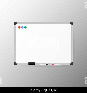 Empty whiteboard with marker, sponge-eraser and magnets. Stock Vector