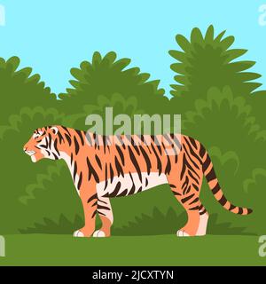 Bengal or Amur tiger. Big wild cat. Strong animal predator. Striped orange skin. Fauna and zoo. Flat vector illustration. Green jungle. Wildlife backg Stock Vector