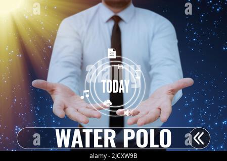 Sign displaying Water Polo. Business concept competitive team sport played in the water between two teams Businessman in suit holding open palms Stock Photo