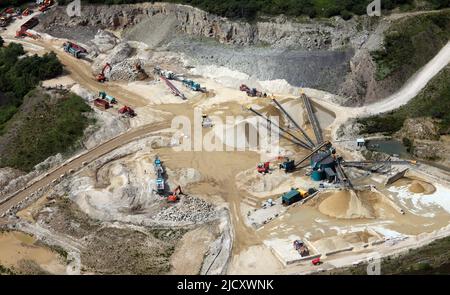 aerial view of a busy working quarry in England, UK