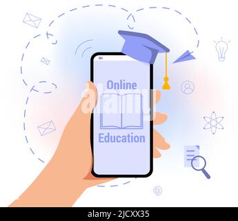 Online education mobile application Online training concept Application learning world wide on phone Mobile website background Courses Webinar Profess Stock Vector