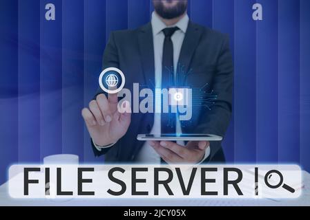Sign displaying File Server. Business approach device which controls access to separately stored data Man holding Screen Of Mobile Phone Showing The Stock Photo