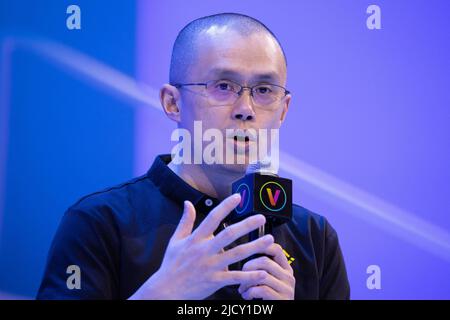 Binance CEO Changpeng Zhao aka CZ speaks on stage at the Vivatech technology startups and innovation fair in Paris on May 16, 2022. Photo by Raphael Lafargue/ABACAPRESS.COM