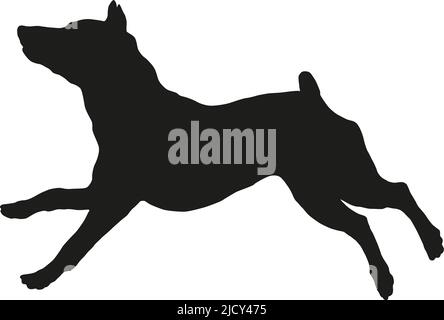 Black dog silhouette. Running and jumping zwergpinscher puppy. Miniature pinscher or king of the toys. Pet animals. Isolated on a white background. Stock Vector