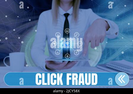 Conceptual caption Click Fraud. Business concept practice of repeatedly clicking on advertisement hosted website Lady Pressing Screen Of Mobile Phone Stock Photo