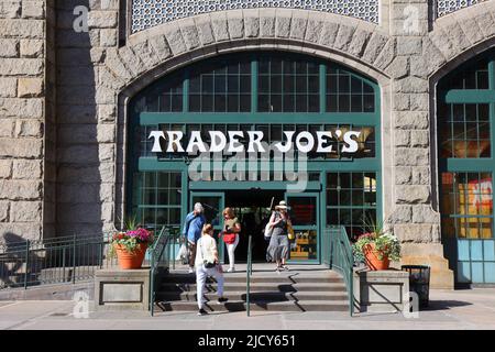 Trader Joes, 405 E 59th St, New York, NYC storefront photo of a grocery store in the arcade under the Queensboro Bridge. Stock Photo