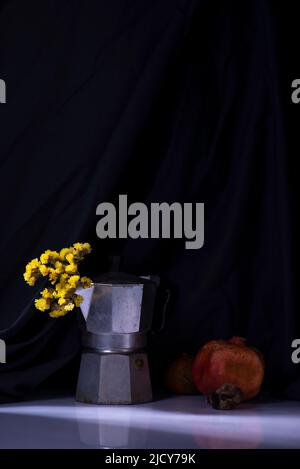 dramatic spring still life with yellow flowers on a white-black background Stock Photo