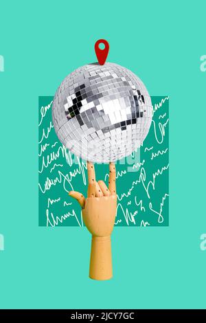 Collage image of wooden hand showing rock'n'roll symbol spend free time in nightclub isolated on teal color background Stock Photo