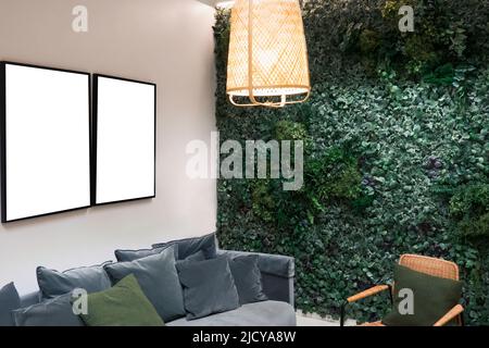 Modern office, living room interior with two blank white mock up poster frame canvas Stock Photo
