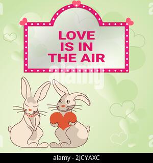 Sign displaying LOVE IS IN THE AIR, Internet Concept Valentines Day Greetings in Red Background Bunnies with heart shaped gifts demonstrate passionate Stock Photo