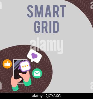 Conceptual display Smart Grid, Business approach includes of operational and energy measures including meters Hand Holding Mobile Phone Pressing Appli Stock Photo