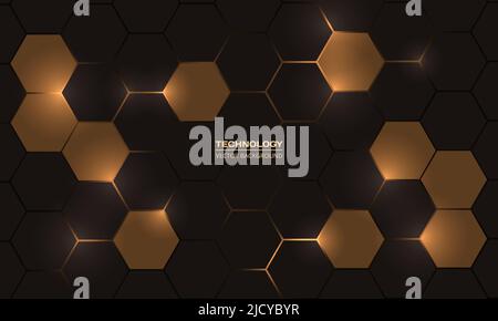 Dark gold and brown hexagonal technology vector abstract background. Dark gold bright energy flashes under hexagon in modern technology futuristic Stock Vector