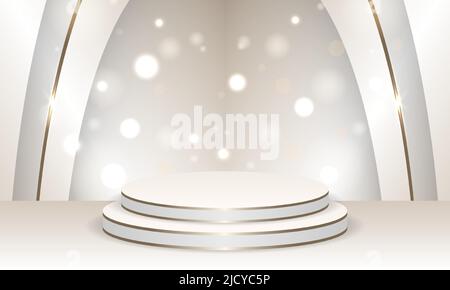 Realistic 3d podium product display with golden circle line glitter arches decoration and bokeh effects. Light 3d background with scene display podium Stock Vector