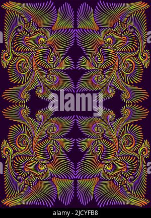 Elegant psychedelic trippy colorful fractal mandala, purple light green orange gradient color. 3D effect. Kaleidoscope flower with many ornamental Stock Vector