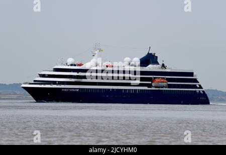 16/06/2022 Gravesend Reach UK Luxury cruise ship World Navigator cruising the River Thames near Gravesend. The expedition-style cruise ship’s smaller Stock Photo