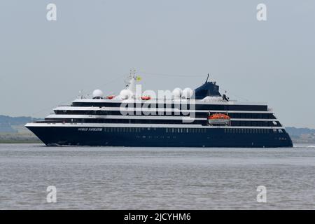 16/06/2022 Gravesend Reach UK Luxury cruise ship World Navigator cruising the River Thames near Gravesend. The expedition-style cruise ship’s smaller Stock Photo