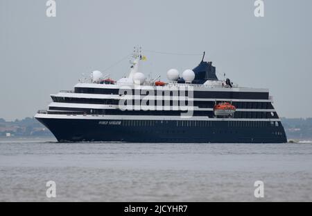 16/06/2022 Gravesend Reach UK Luxury cruise ship World Navigator cruising the River Thames near Gravesend. The expedition-style cruise ship’s smaller Stock Photo