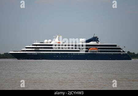 16/06/2022 Gravesend Reach UK Luxury cruise ship World Navigator cruising the River Thames near Gravesend. The expedition-style cruise ship’s smaller Stock Photo