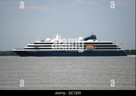 16/06/2022 Gravesend Reach UK Luxury cruise ship World Navigator cruising the River Thames near Gravesend. The expedition-style cruise ship’s smaller Stock Photo