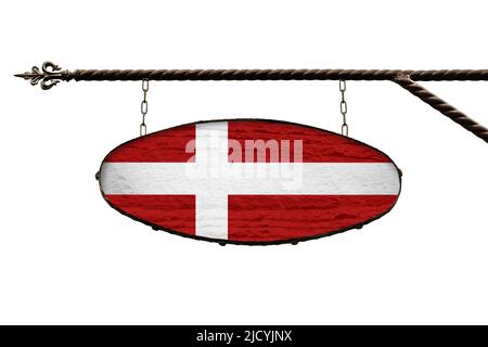 Denmark flag on signboard. Oval signboard colors Denmark flag hanging on a metal forged structure. Template isolated on white. Blank for creativity an
