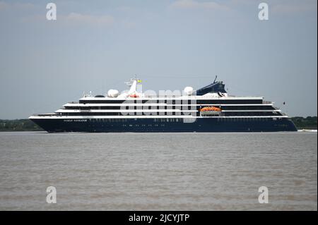 16/06/2022 Gravesend Reach UK Luxury cruise ship World Navigator cruising the River Thames near Gravesend. The expedition-style cruise ship’s smaller Stock Photo