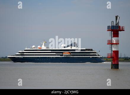 16/06/2022 Gravesend Reach UK Luxury cruise ship World Navigator cruising the River Thames near Gravesend. The expedition-style cruise ship’s smaller Stock Photo