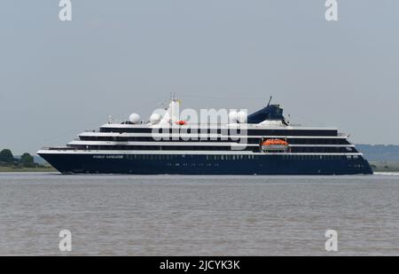 16/06/2022 Gravesend Reach UK Luxury cruise ship World Navigator cruising the River Thames near Gravesend. The expedition-style cruise ship’s smaller Stock Photo