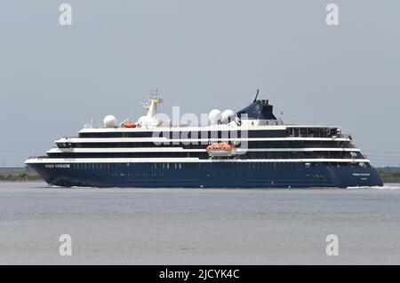 16/06/2022 Gravesend Reach UK Luxury cruise ship World Navigator cruising the River Thames near Gravesend. The expedition-style cruise ship’s smaller Stock Photo