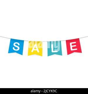 Sale on decorative party pennants with different sizes and lengths. Celebrate flags. Discount tag. Stock Vector